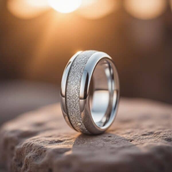 The Universe tungsten faux meteorite ring for men — bold silver wedding band with engraving option.