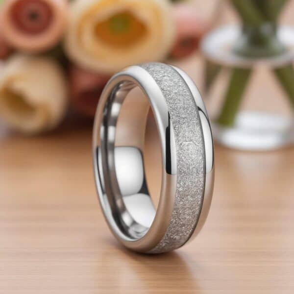 Tungsten men’s statement ring with meteorite inlay and custom engraving — durable, stylish, and perfect for weddings or special occasions.