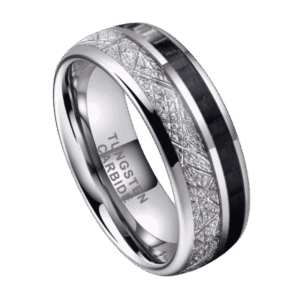 Men’s tungsten wedding band with faux meteorite and black carbon fibre inlay, perfect male engagement ring or gents statement ring for him