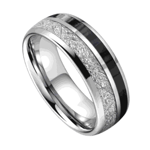 A zoomed in image of a silver tungsten ring on a white background. Set within the ring are inlays of silver faux meteorite and black carbon fibre. Slightly domed in shape, this is an innovative mens ring.