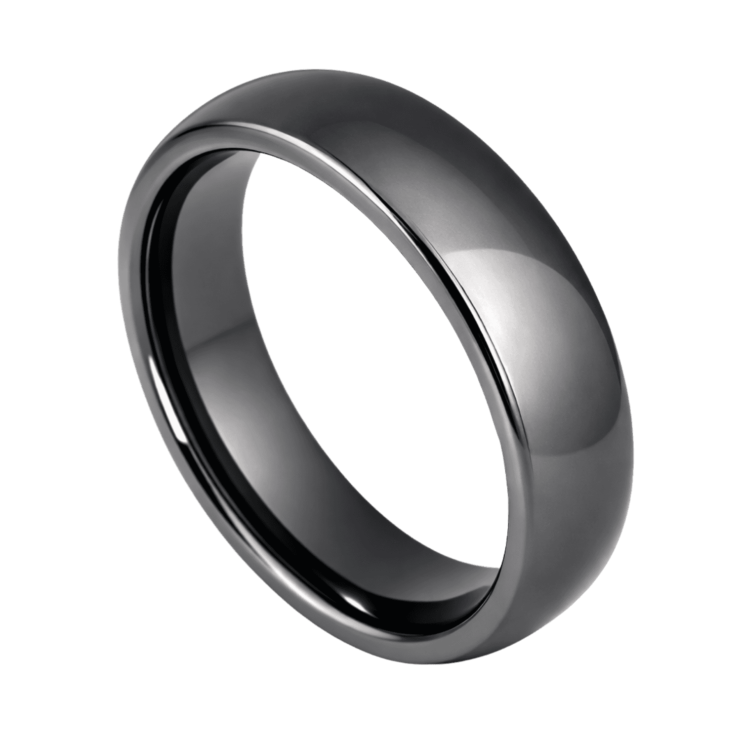 A slightly domed tungsten ring on a white background. It is a classic wedding band shape and is gunmetal grey in colour. It has a polished finish.