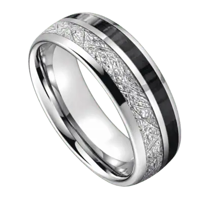 Close-up of an 8mm men's polished silver tungsten ring featuring a faux meteorite inlay and black carbon fibre stripe, isolated on a transparent background.