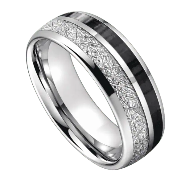 Close-up of an 8mm men's polished silver tungsten ring featuring a faux meteorite inlay and black carbon fibre stripe, isolated on a transparent background.