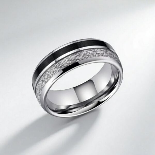 Faux meteorite and carbon fibre men’s tungsten ring, modern wedding band or anniversary ring for gents, fashion-forward ring for him.