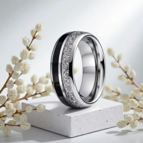 Silver tungsten faux black meteorite ring with carbon fibre detail, ideal gents eternity ring, promise ring, or stylish anniversary band.