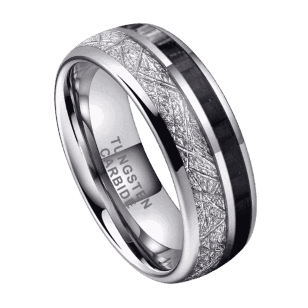 Men’s tungsten wedding band with faux meteorite and black carbon fibre inlay, perfect male engagement ring or gents statement ring for him