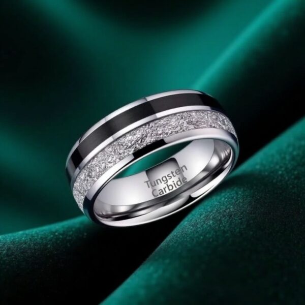 Promise ring for him crafted in tungsten with faux meteorite and carbon fibre, unique men’s wedding band or stylish anniversary ring.