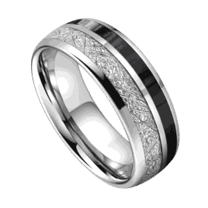 A zoomed in image of a silver tungsten ring on a white background. Set within the ring are inlays of silver faux meteorite and black carbon fibre. Slightly domed in shape, this is an innovative mens ring.