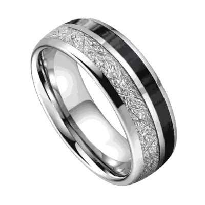 A zoomed in image of a silver tungsten ring on a white background. Set within the ring are inlays of silver faux meteorite and black carbon fibre. Slightly domed in shape, this is an innovative mens ring.