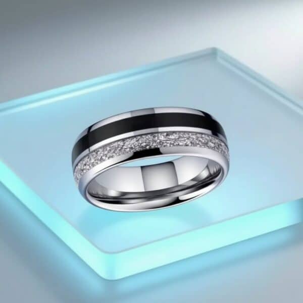 Striking statement ring for men in tungsten with faux meteorite and carbon fibre, perfect male wedding band or gents eternity ring.