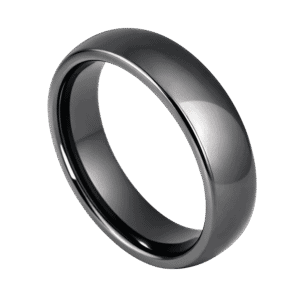 A slightly domed tungsten ring on a white background. It is a classic wedding band shape and is gunmetal grey in colour. It has a polished finish.