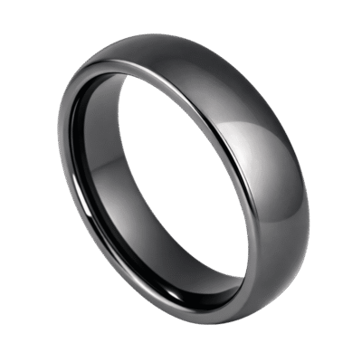 A slightly domed tungsten ring on a white background. It is a classic wedding band shape and is gunmetal grey in colour. It has a polished finish.