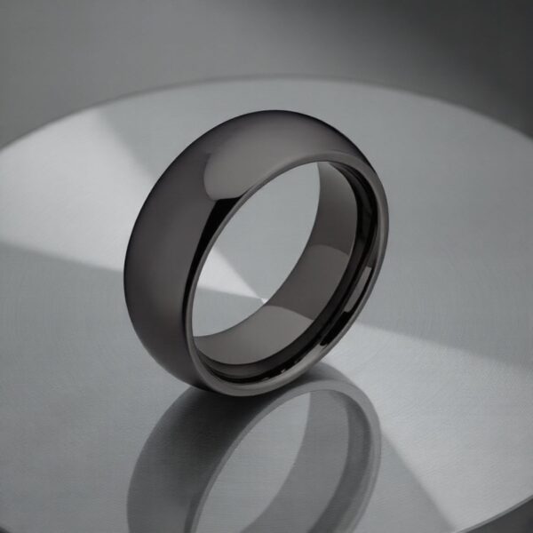 The Protector men’s gunmetal grey tungsten statement ring with domed polished finish.