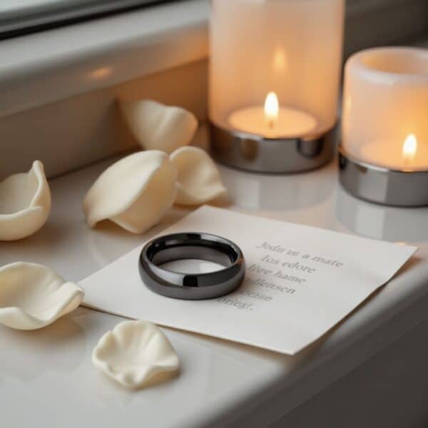 Men’s tungsten ring — The Protector polished gunmetal grey wedding band for him.