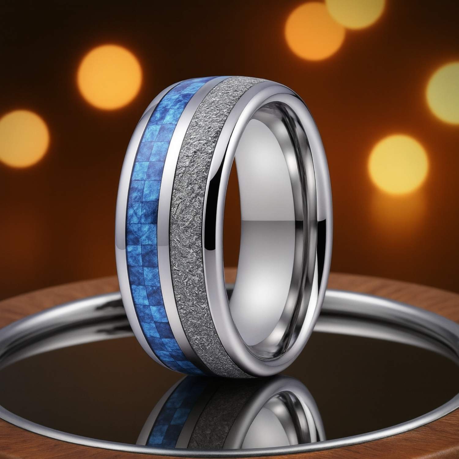 Blue carbon fibre and meteorite menโs tungsten ring, polished silver 8mm wedding or promise band for him.