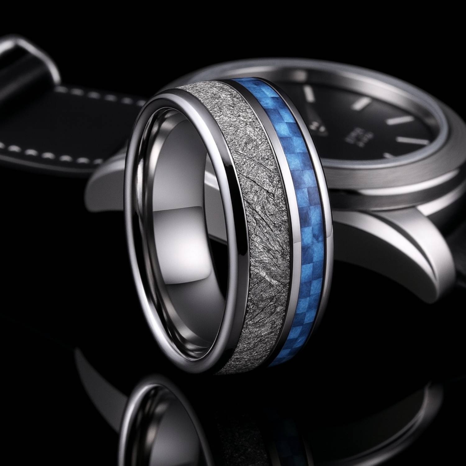 Trailblazer menโs tungsten ring in silver with blue carbon fibre and meteorite, 8mm promise or eternity ring for him.