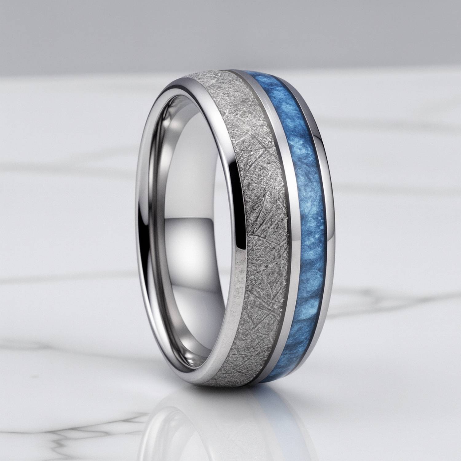 Menโs Trailblazer tungsten ring with blue carbon fibre and meteorite inlay, silver 8mm wedding or engagement band for guys.
