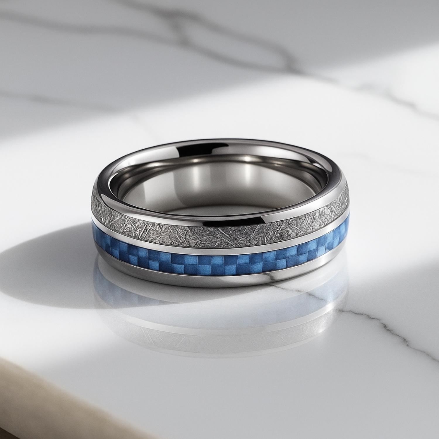 Trailblazer menโs tungsten ring with meteorite and blue carbon fibre inlay, polished 8mm wedding or eternity band for gents.