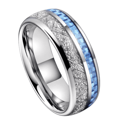 Close-up of an 8mm polished silver tungsten ring featuring a faux meteorite centre band and blue carbon fibre inlay, isolated on a transparent background.