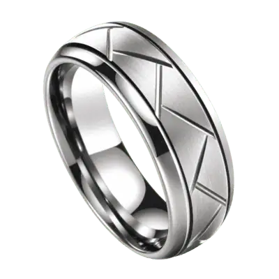 Close-up of an 8mm men's silver tungsten ring featuring a brushed centre band, bold grooves and polished silver edges, isolated on a transparent background.