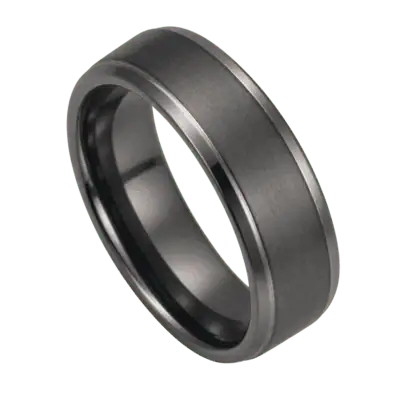 Close-up of a men's gunmetal grey tungsten carbide ring with a raised brushed centre and polished stepped edges, isolated on a transparent background.