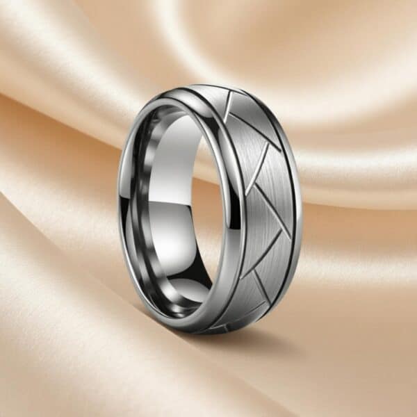 Men’s silver tungsten ring — The Valiant grooved 8mm wedding band with personalisation option.