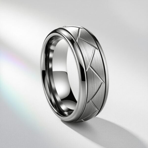The Valiant polished silver tungsten ring — grooved men’s wedding band and statement ring for him.