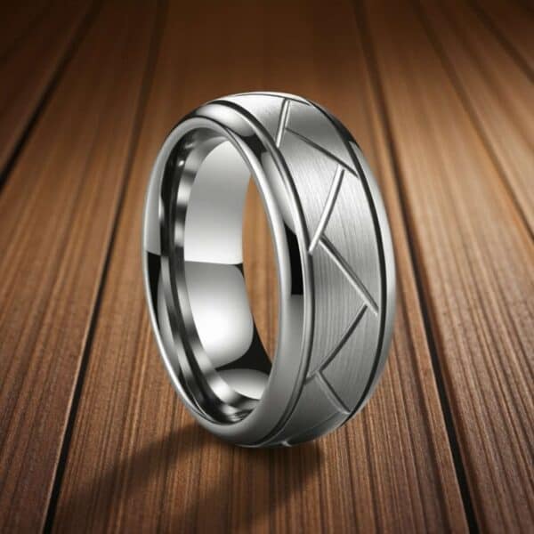 Silver tungsten ring for men — The Valiant 8mm wedding band with personalised engraving option.