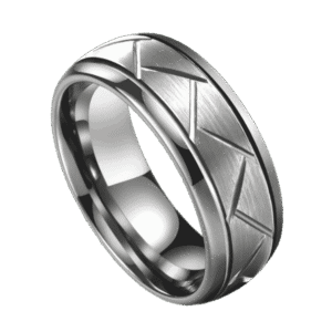 A close up image of a mans ring. It is a silver tungsten ring that has a brushed finish. It has distinctive grooves in a pattern all the way round the ring.