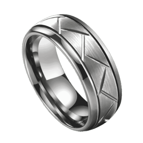 A close up image of a mans ring. It is a silver tungsten ring that has a brushed finish. It has distinctive grooves in a pattern all the way round the ring.