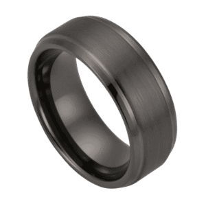 A zoomed in shot of a mens gunmetal grey tungsten ring. With a slightly raised centre section which has a brushed finish. And polished stepped edges.