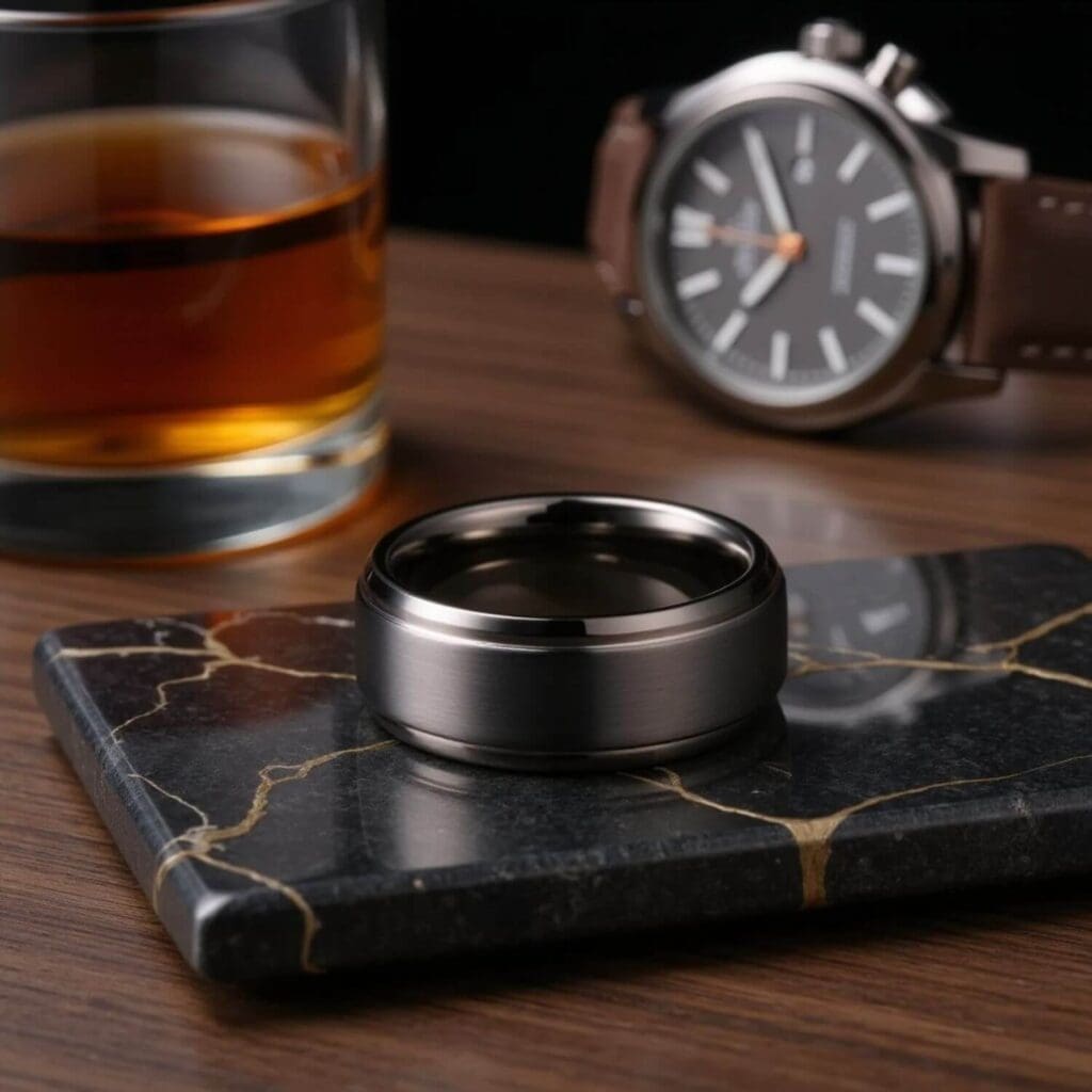 A gunmetal grey mens tungsten ring. Suitable as a male wedding band or engagement ring.