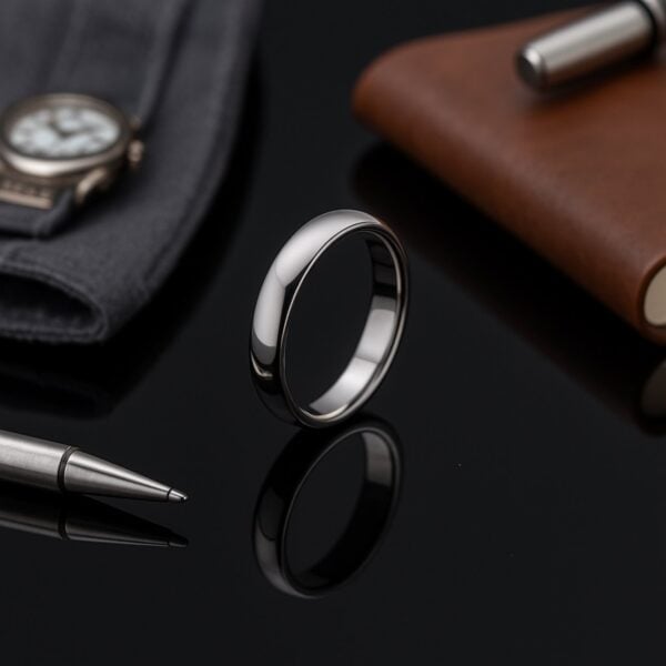 Classic 4 mm silver tungsten ring for men, slim style wedding band or promise ring with personalised engraving.