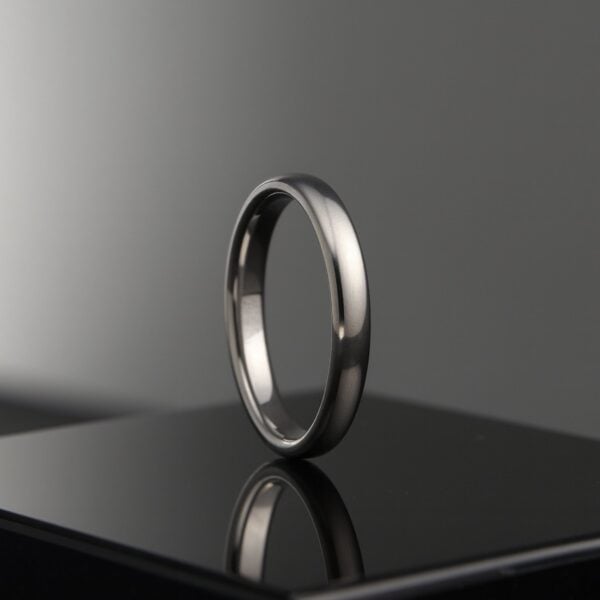 Men’s 4 mm polished silver tungsten ring, thin classic wedding band or stylish eternity fashion ring with custom engraving for him.