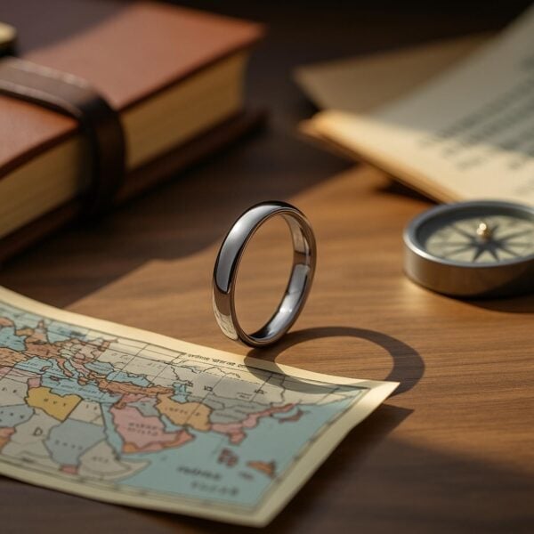 Silver tungsten men’s 4 mm ring, polished dome wedding band or stylish statement ring with engraving for gents.