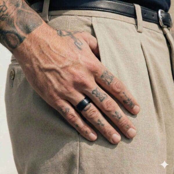 With his thumb in this pocket, the mans hand rests by his side. With tattoos on his hand, he wears a black ceramic ring.