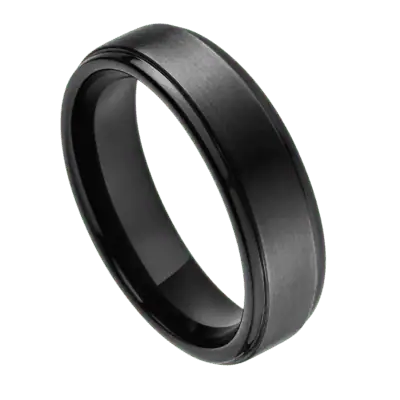 Close-up of a men's black ceramic ring featuring a raised brushed centre and polished stepped edges, isolated on a transparent background.
