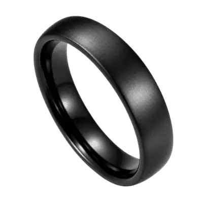 Close-up of a men's black ceramic ring with a brushed matte exterior and polished interior, isolated on a transparent background.