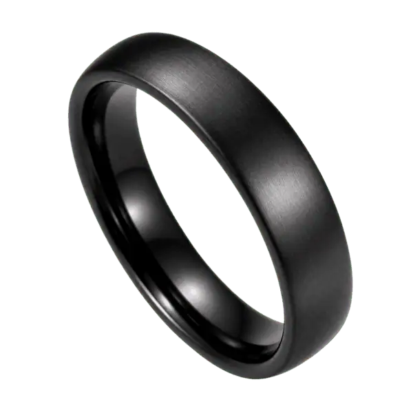 Close-up of a men's black ceramic ring with a brushed matte exterior and polished interior, isolated on a transparent background.