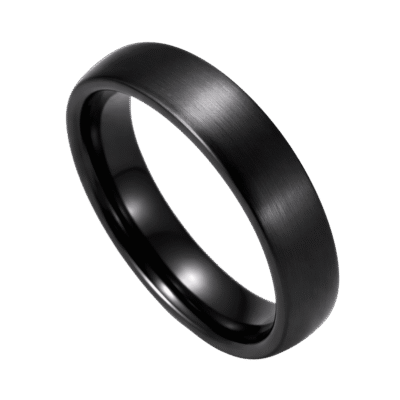 A close up image showing a brushed black ring made with ceramic. Zoomed in, you can see the close up detail of the ring.