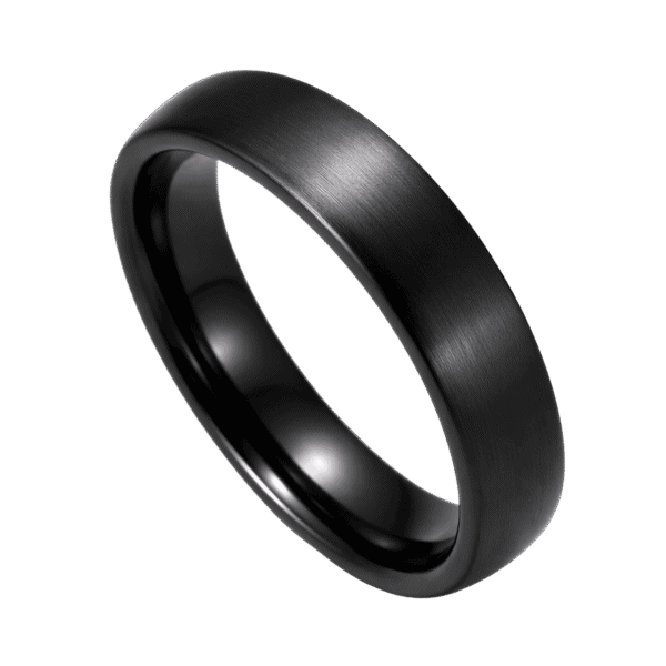 A close up image showing a brushed black ring made with ceramic. Zoomed in, you can see the close up detail of the ring.