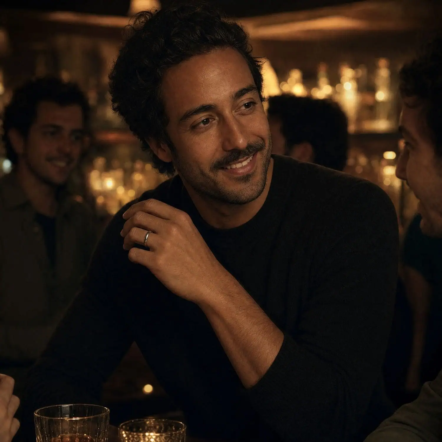 Smiling man chatting with friends at a bar while wearing a slim polished silver tungsten ring, resting his elbow on the table with his hand raised near his face.