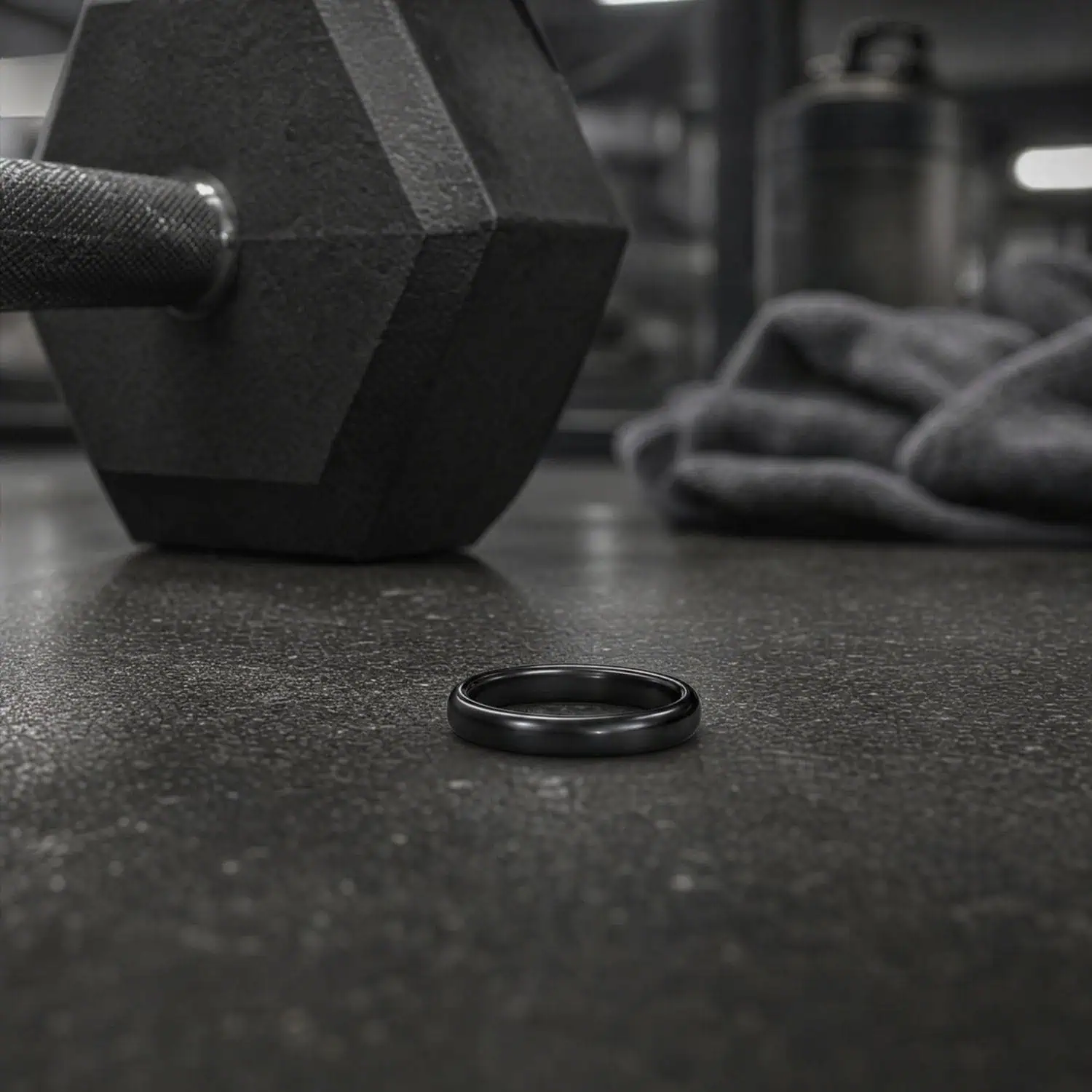 Slim 4mm black ceramic band lying on its side beside gym weights, showing its smooth polished surface and narrow profile.