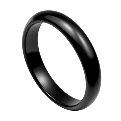 Close-up of a slim 4mm black ceramic ring with a smooth polished finish and minimalist band design, isolated on a transparent background.