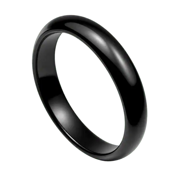 Close-up of a slim 4mm black ceramic ring with a smooth polished finish and minimalist band design, isolated on a transparent background.