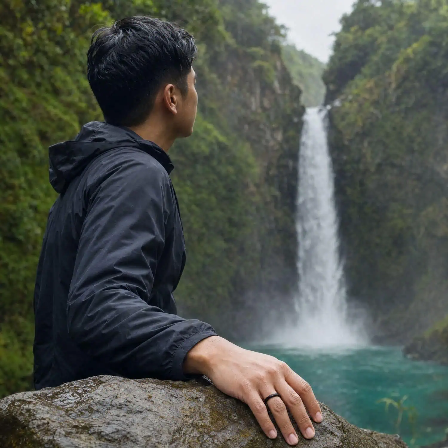 Man admiring a cascading waterfall with his hand resting on a rock while wearing a slim polished black ceramic ring.