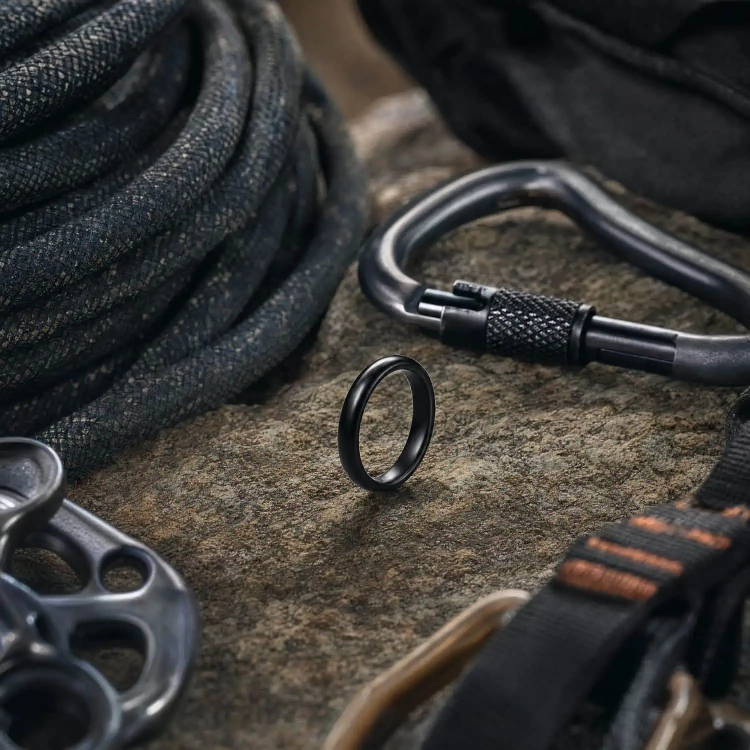 Slim black ceramic ring standing upright amongst climbing ropes and outdoor equipment, showcasing its polished 4mm profile.