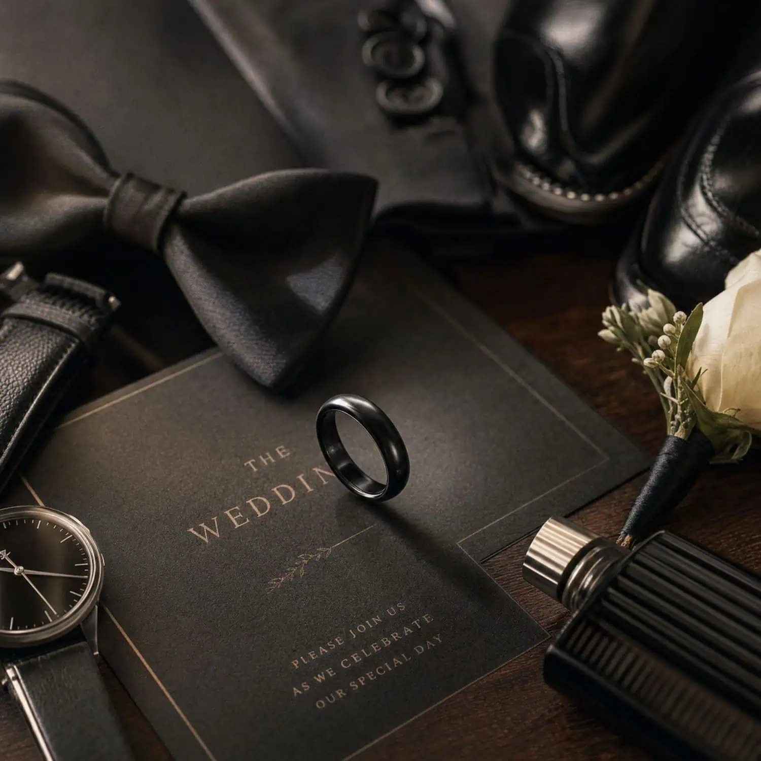Thin black ceramic wedding band displayed upright beside the groom's black bow tie, polished shoes, leather watch and white wedding flower.