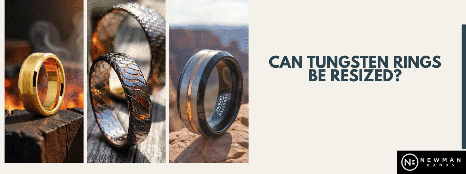 Three stylish men’s tungsten rings in gold, black, and dragon scale design with the text 'Can Tungsten Rings Be Resized?