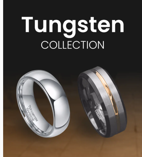 Two stylish tungsten rings from the Tungsten Collection displayed on a dark gradient background — one polished silver with a domed finish, and the other matte black with a sleek rose gold inlay and brushed texture.